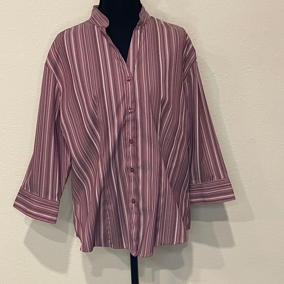Dcc Missy Tops - Womens Striped Band Collar 3/4 Sleeve Button Up Blouse Top Burgundy White